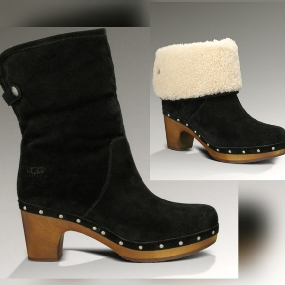 UGG Lynnea Suede Wood Heel Shearling Boots 8 Black